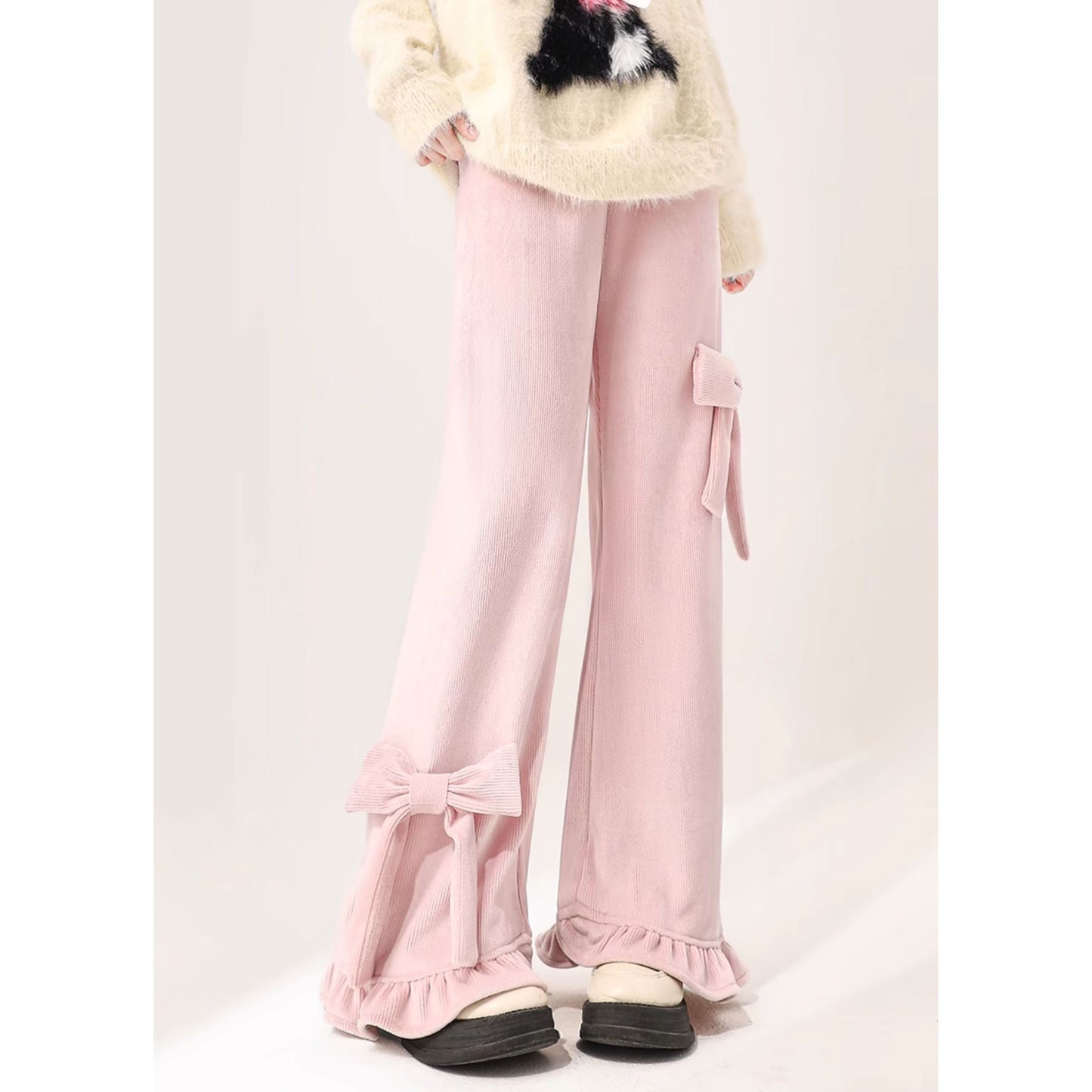 【予約】LF ピンク かわいいコーデュロイ リボン カジュアルパンツ ゆったり フリルデザイン