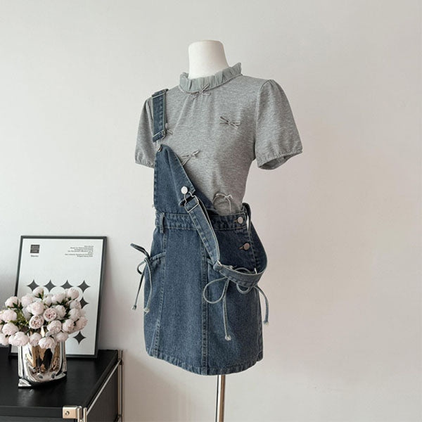 LF リボン レース衿 半袖 & オーバーオール キュロット セット 可愛い オシャレ Anne