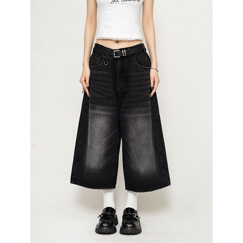 LF04 アメリカン レトロ ジーンズ ゆったり クロップドパンツ ブラックグレー