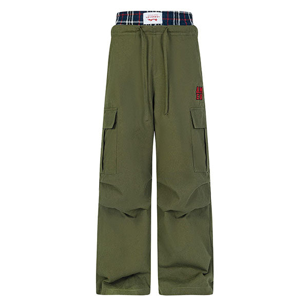 LF04 レトロ チェック切替 フェイクレイヤード ジャケット ダブルウエストカーゴパンツ