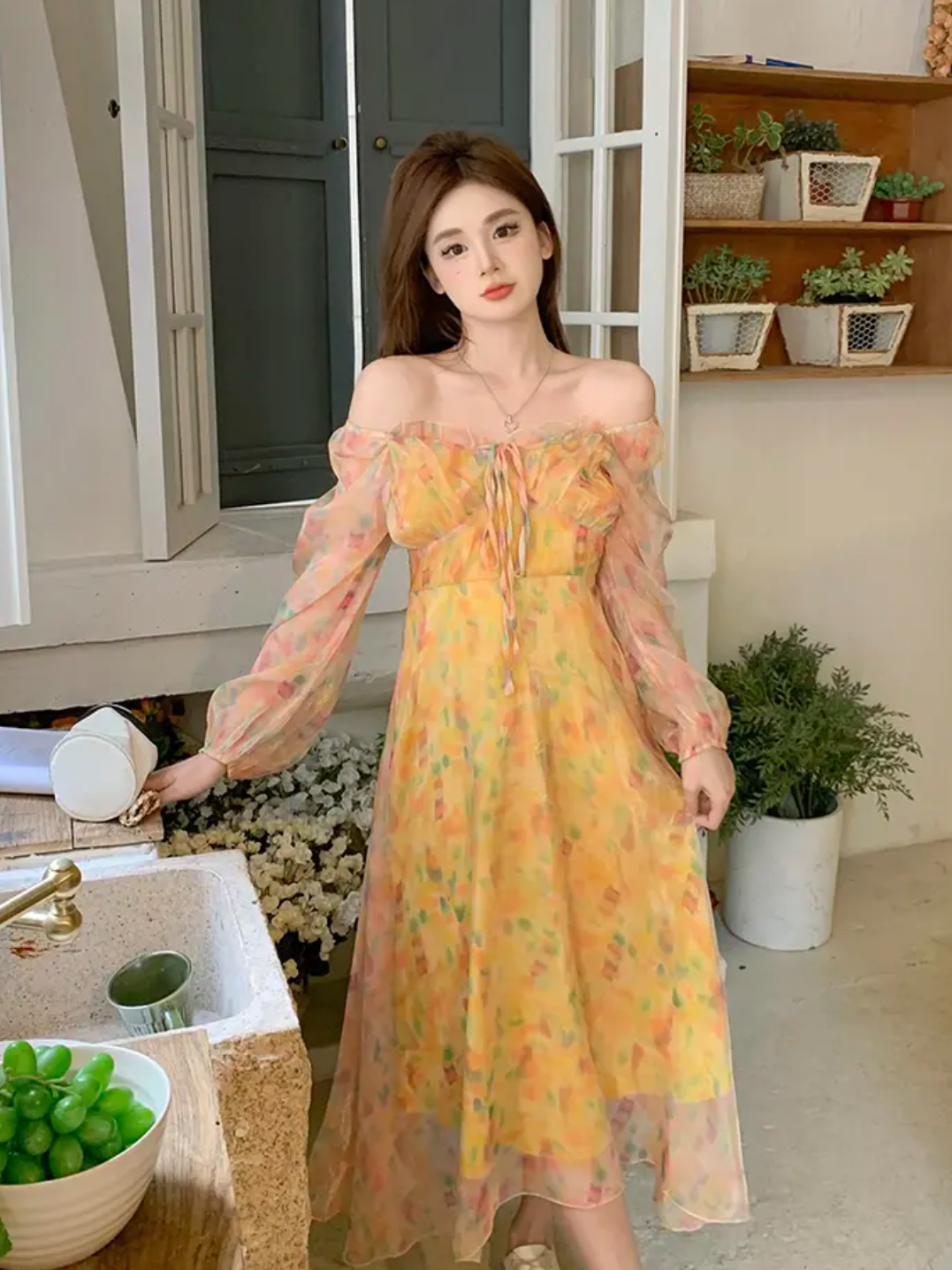 XYW 春夏新作 長袖 薄手 シフォン 花柄 オフショルダー チュールワンピース