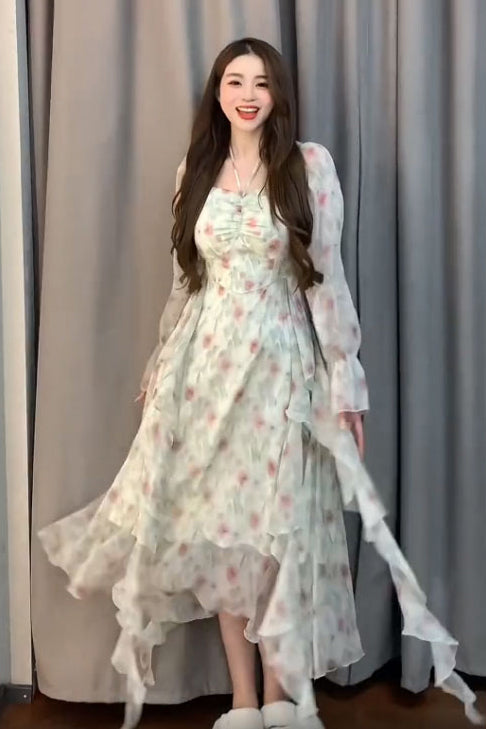 XYW 春夏 長袖 薄手 シフォン ふりふり ピンクグリーン 花柄 チュールワンピース