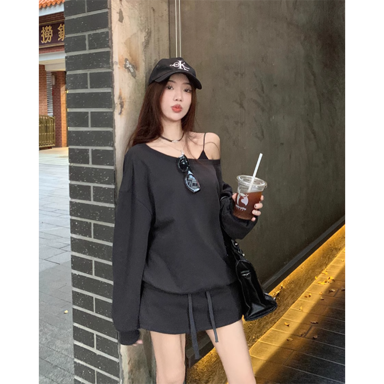【予約】LF ワンショルダー ゆったりトップス キュロット セット ダークグレー カジュアル オシャレ Anne