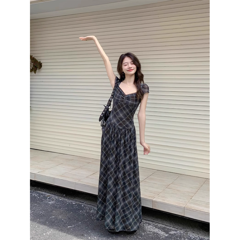 LF チェック柄 ワンピース 着やせ フリルレース 女性らし Anne