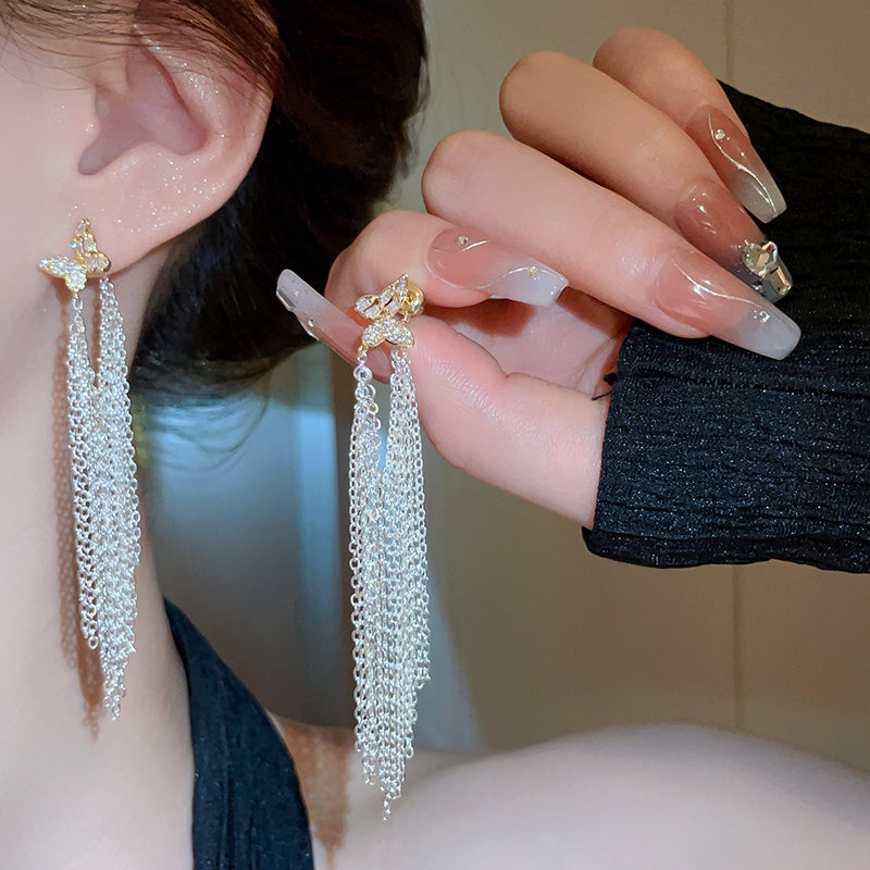 LF ロングピアス 蝶 フリンジ 華奢 お洒落