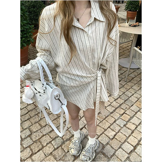LF 韓国風 ストライプ シャツワンピース オーバーサイズ ツイストデザイン 長袖 カジュアル トップス