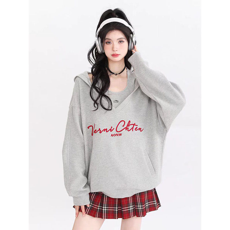 LF アメリカンレトロ フード付きパーカー スウェット ゆったり ツーピースセット Anne