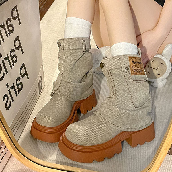 LF03 レトロ 厚底 マーチンブーツ デニム生地 ショートブーツ パンツブーツ かっこかわいい