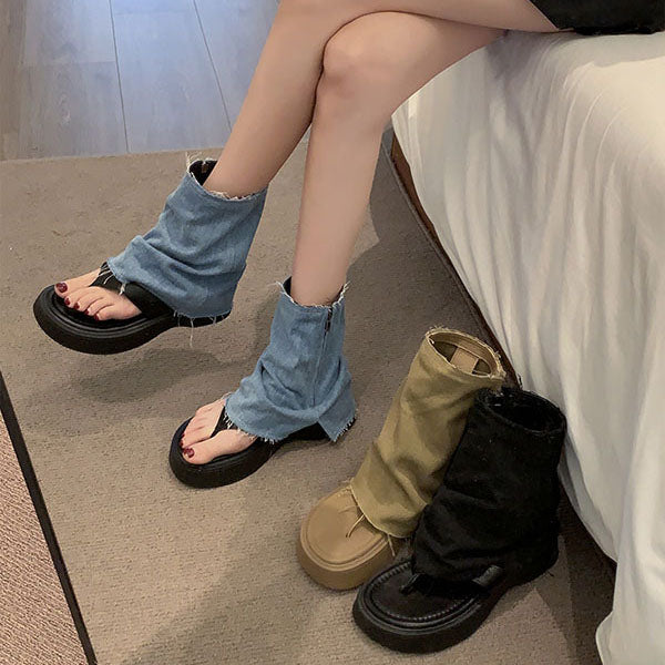 LF03 かっこかわいい デニム 厚底 サンダル ショートブーツ パンツブーツ