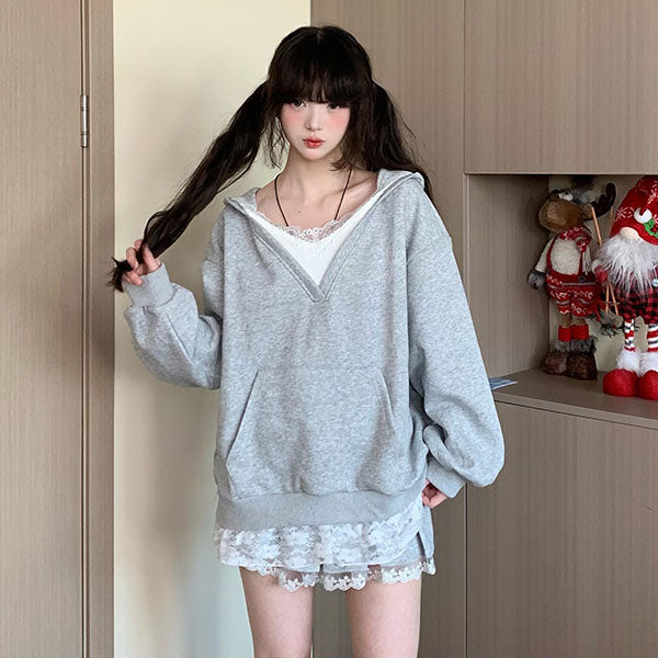 LF04 フェイクレイヤード フード付きパーカー レース切替 スカート かわいい セット