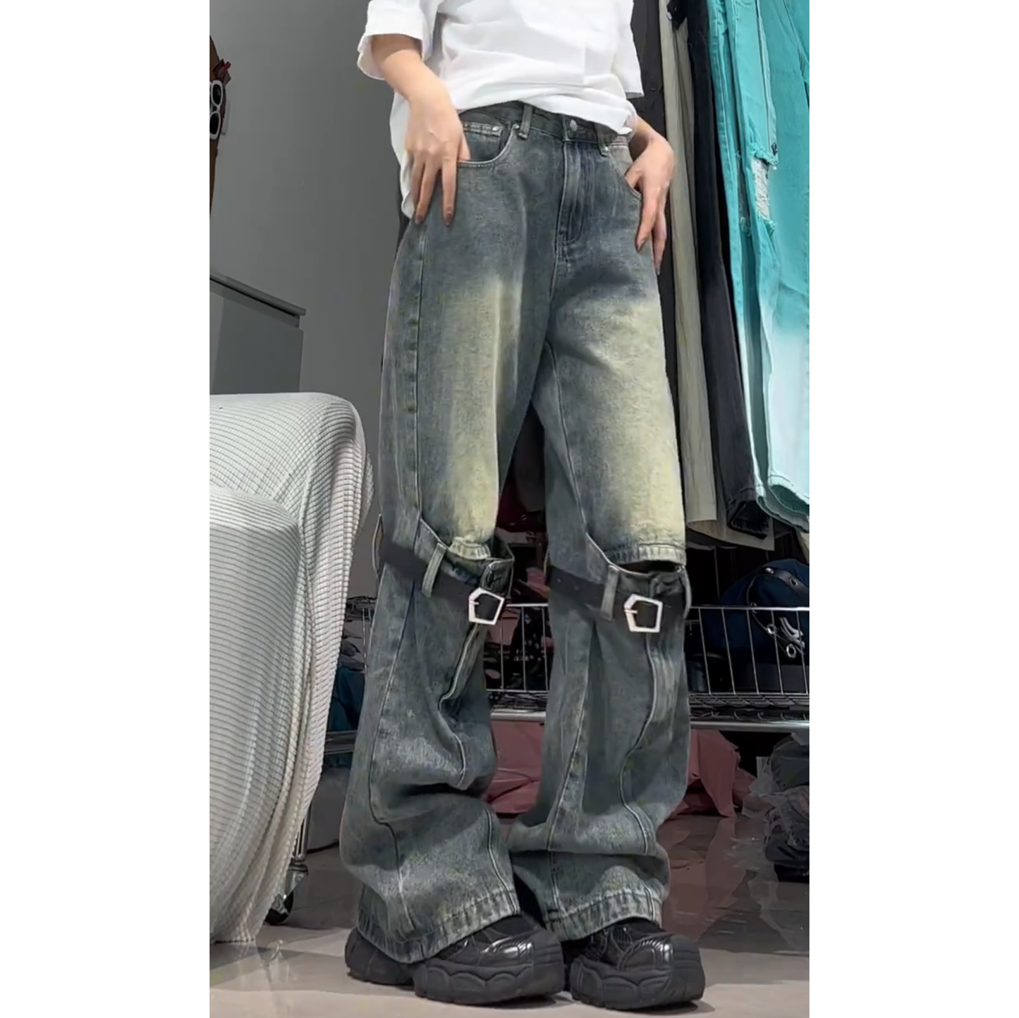 LF04 かっこいい ダメージジーンズ フレアパンツ ひざオープンデザイン オシャレ