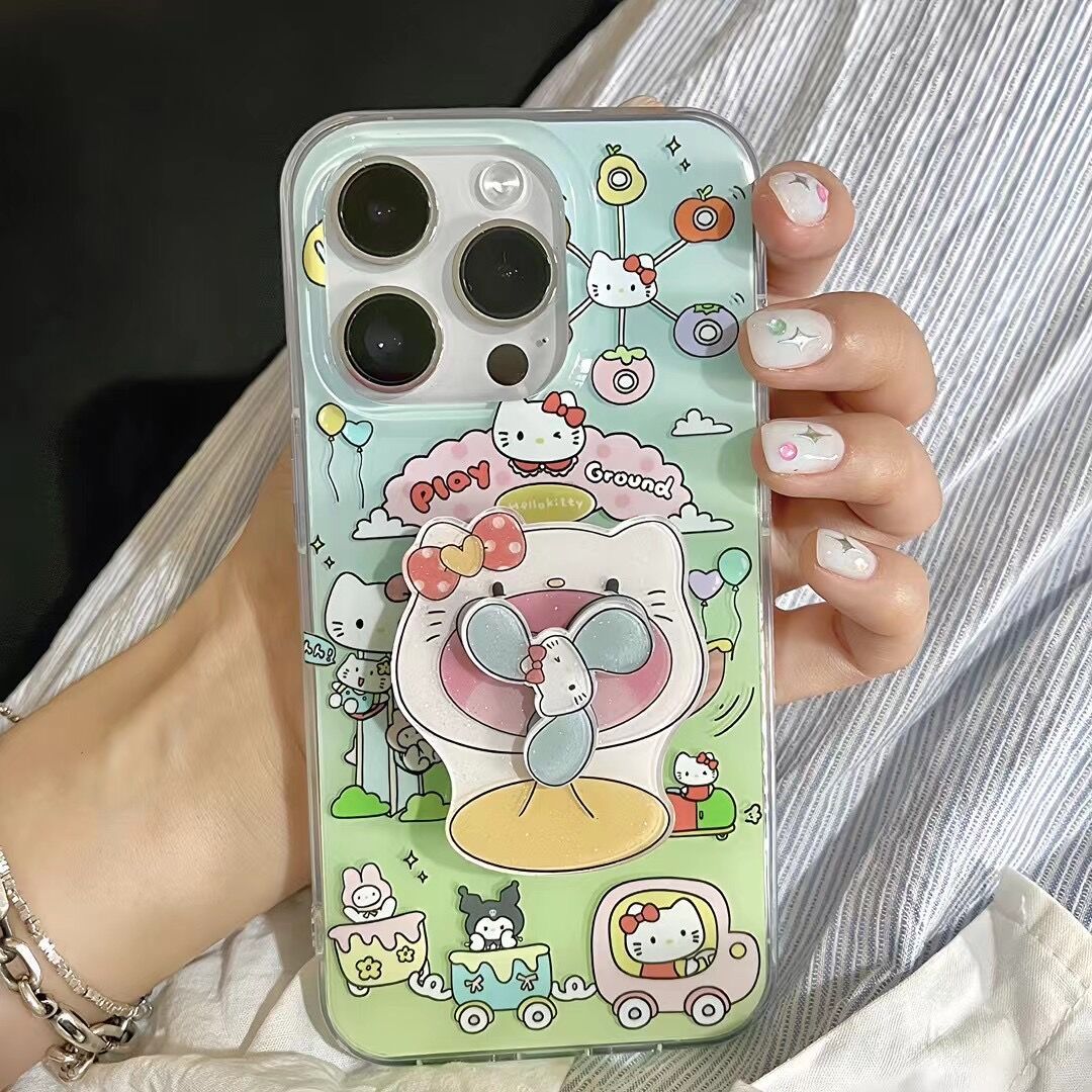 YQQ かわいい スマホケース ハロキティ扇風機 携帯電話ケース 粘着式スマホホルダー付き