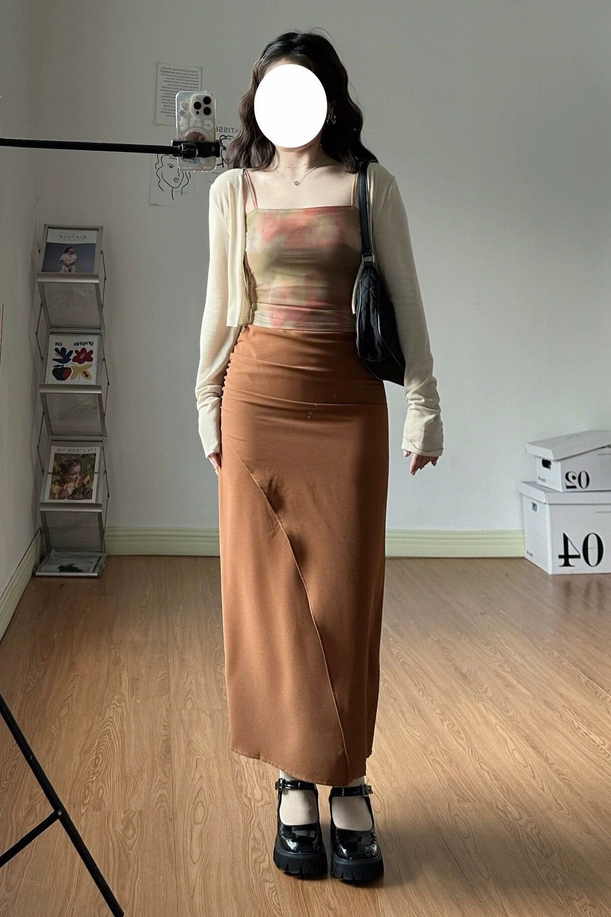 【予約】XYW アイボリー カーディガン + キャミソール + タイトロングスカート セット