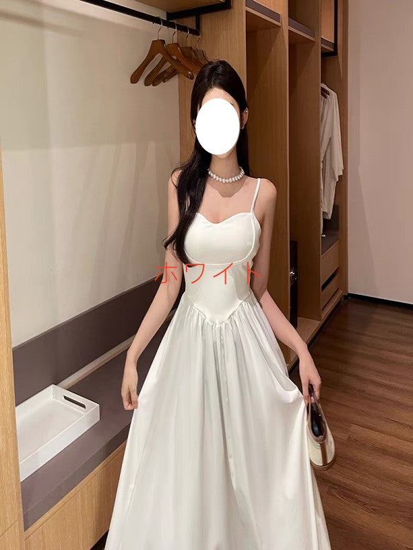 人気 ホワイトキャミワンピース 誕生日ドレスロングスカート ハイウエスト(Y1)