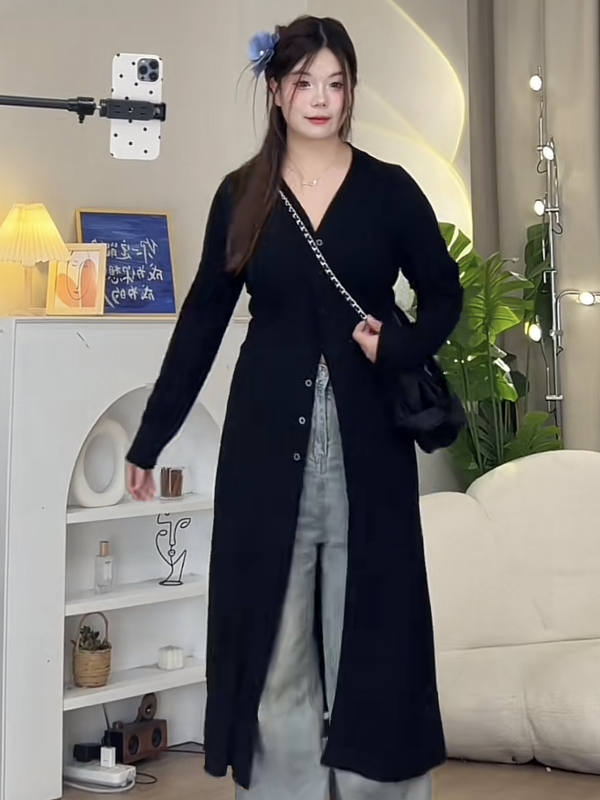 ビッグサイズ だるい vネック ミドル・ロングタイプ ニットカーディガン(X6)