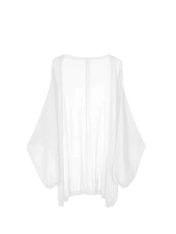 ビッグサイズ夏ミドル・ロングタイプ日焼け止めカーディガン アウターに薄手メッシュのアウターショールのニットシャツをコーディネートしますY12