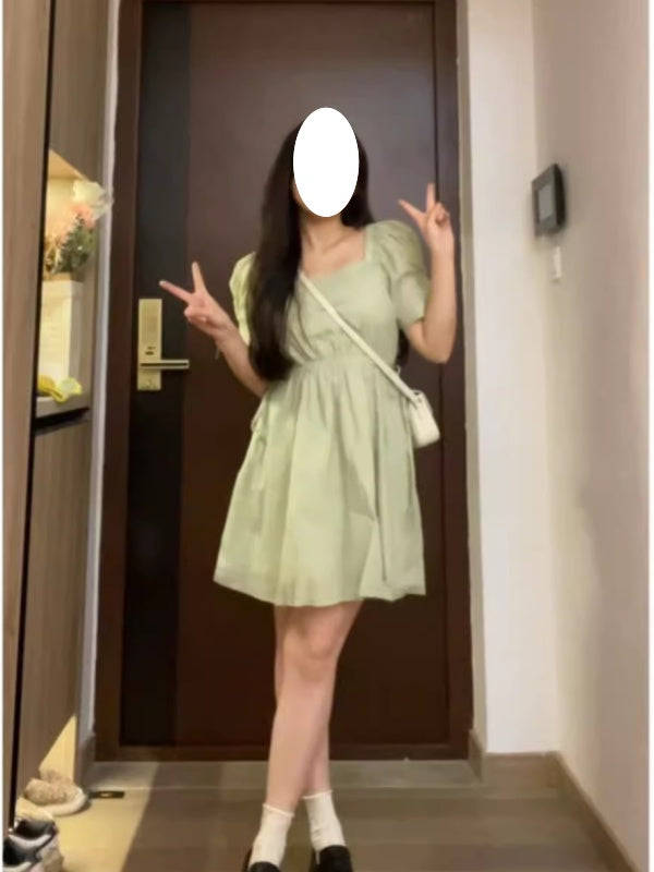 パフスリーブウエストシェイプワンピース女性夏新作フランス風超仙気質茶休スカート芸術感森系初恋スカートY13