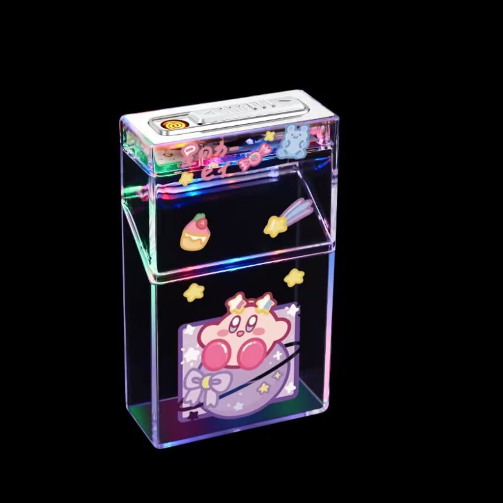 YQQ 可愛い レインボーLED 充電ライター+タバコケース一体防風20本入り