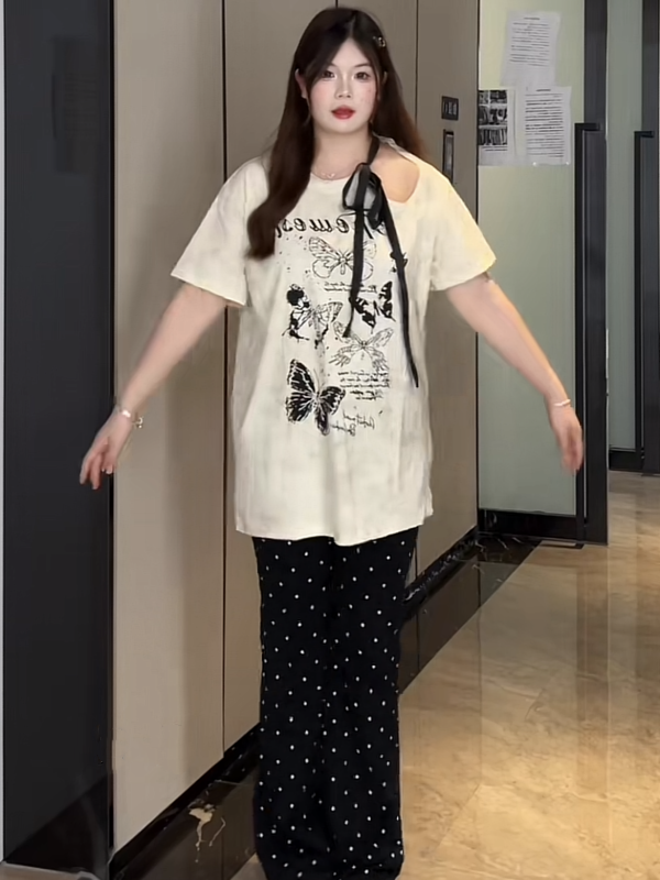 ビッグサイズ バタフライプリントTシャツ 波点ズボン コーディネートX11