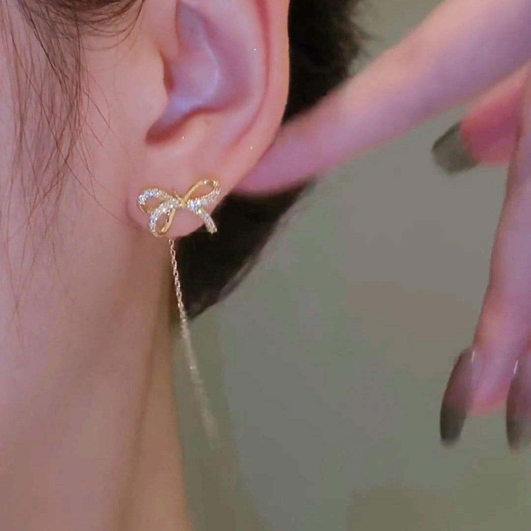 XYW 高級 優しそうで上品 リボン フリンジ 長耳線 イヤリング ピアス