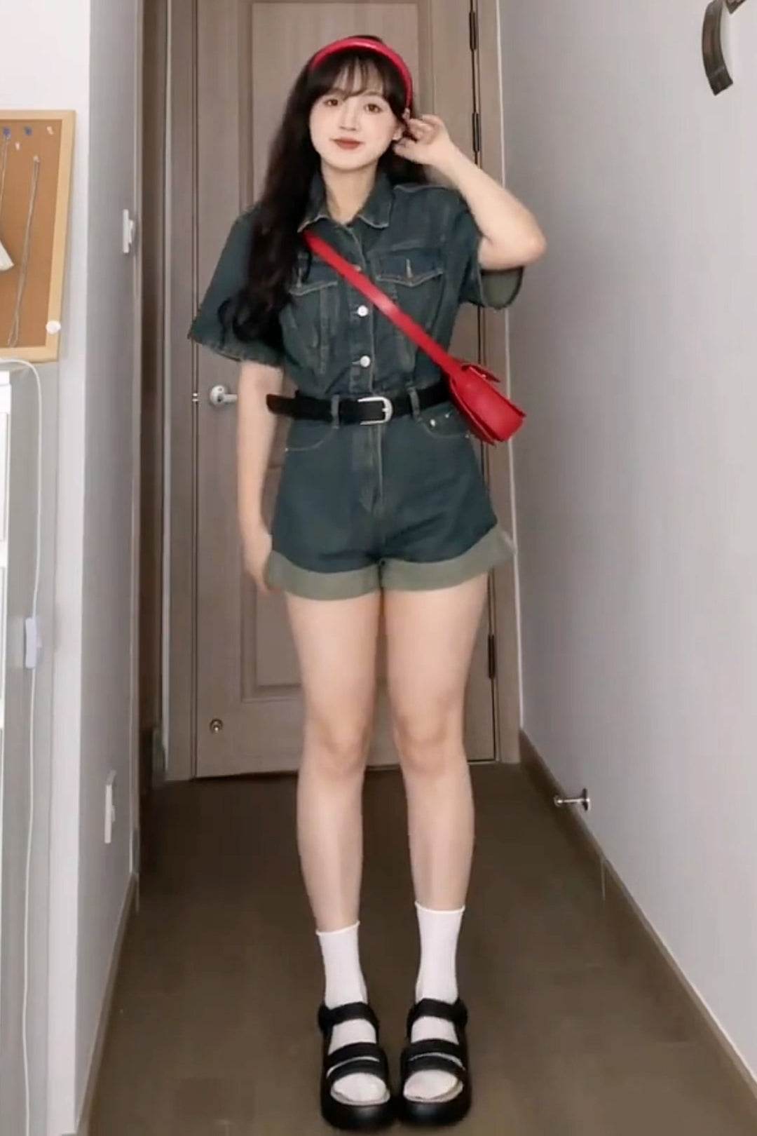 XYW レトロスタイル ハイウエスト デニムパンツ ジャンプスーツ 着やせ