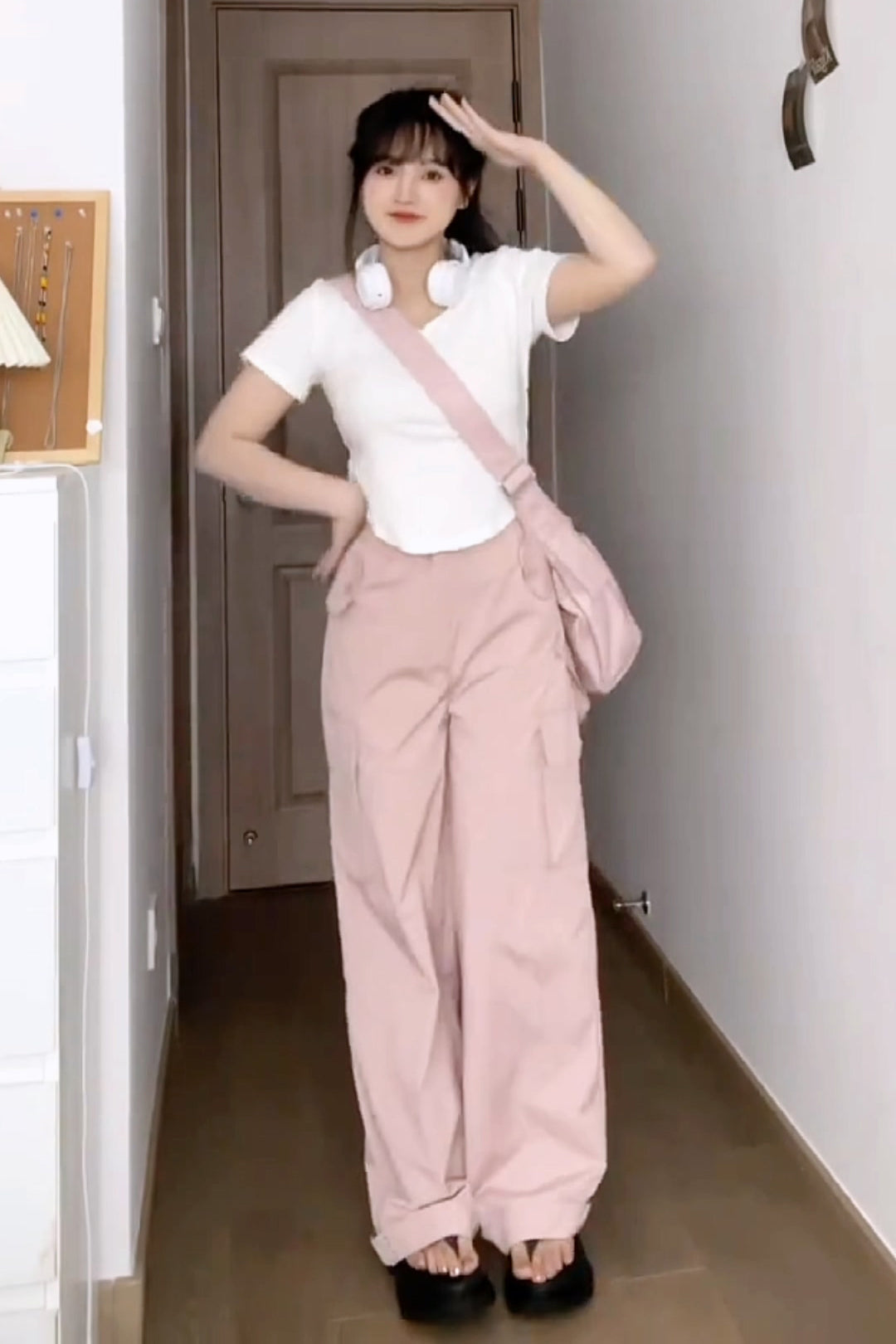 XYW ピンク 大きなポケット カーゴパンツ ストリート ギャル