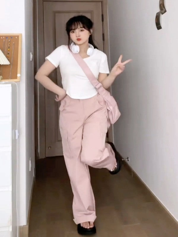 XYW ピンク 大きなポケット カーゴパンツ ストリート ギャル