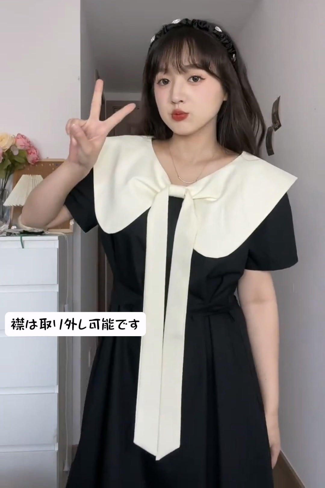 XYW 取り外し可能な襟 スクエアネック 2通りの着方 ロング/ショートタイプ ワンピース 着やせ