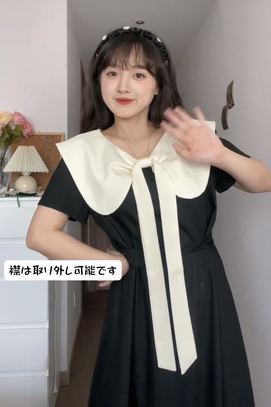 XYW 取り外し可能な襟 スクエアネック 2通りの着方 ロング/ショートタイプ ワンピース 着やせ