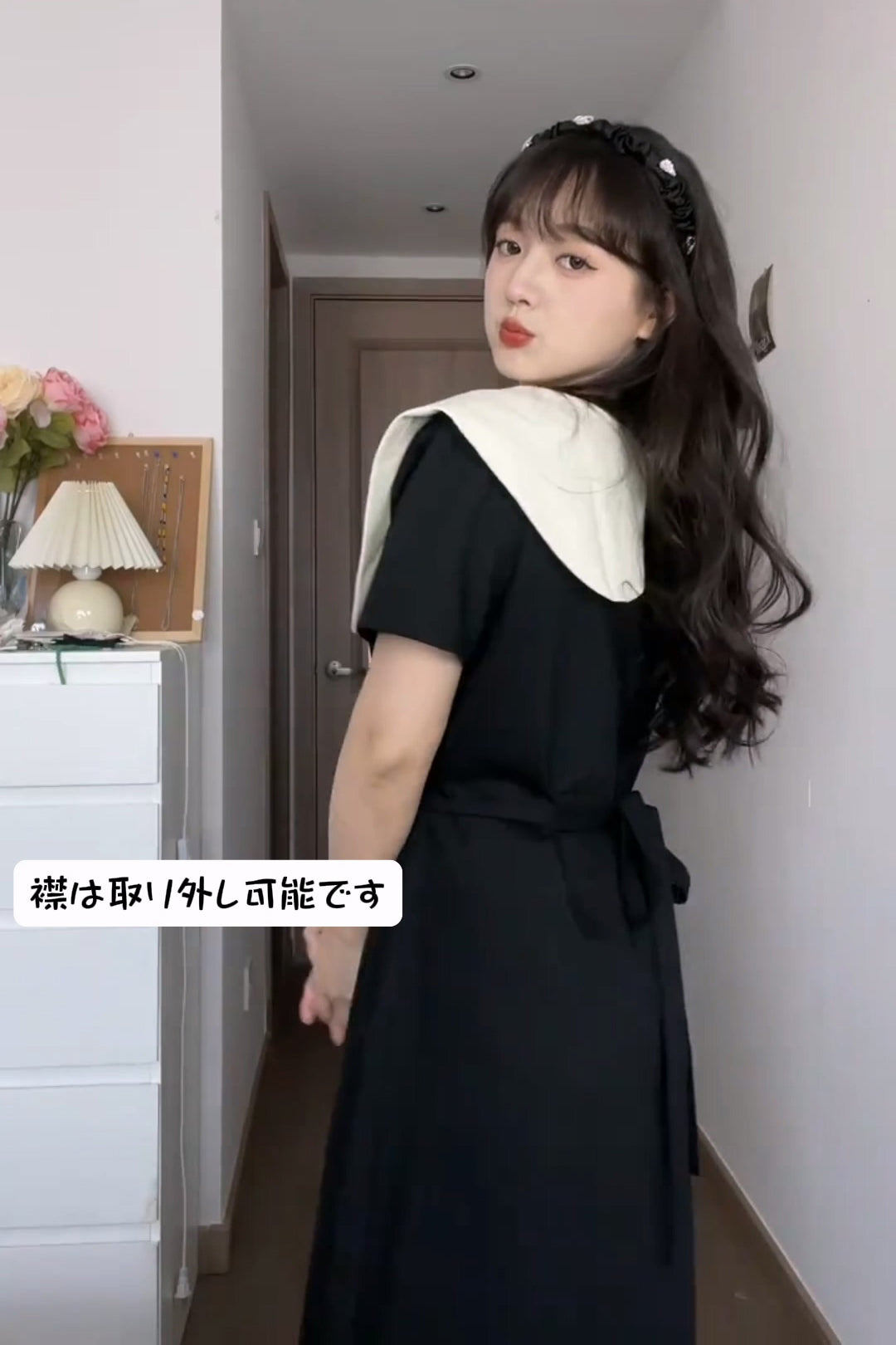 XYW 取り外し可能な襟 スクエアネック 2通りの着方 ロング/ショートタイプ ワンピース 着やせ