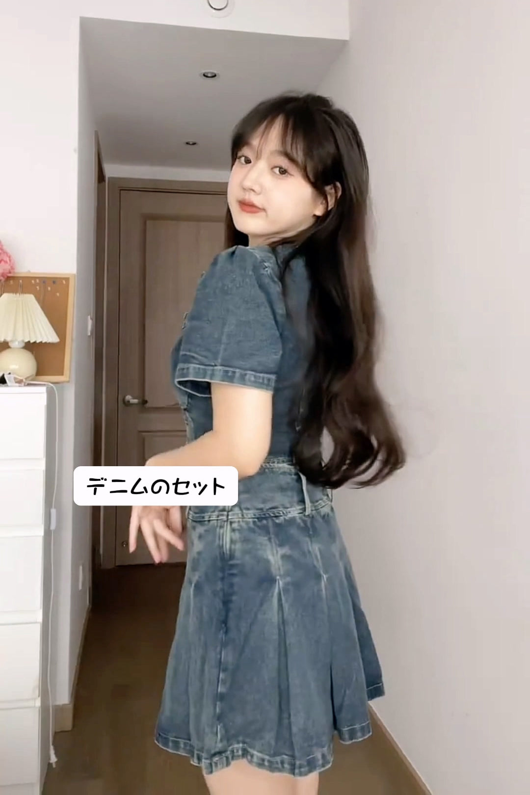 XYW デニム スクエアネック トップス + ミニスカート A型スカート セット 着やせ