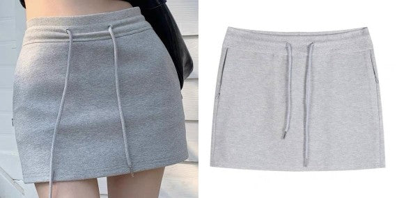 正肩タイト半袖Tシャツ+グレーひもスカート Y3