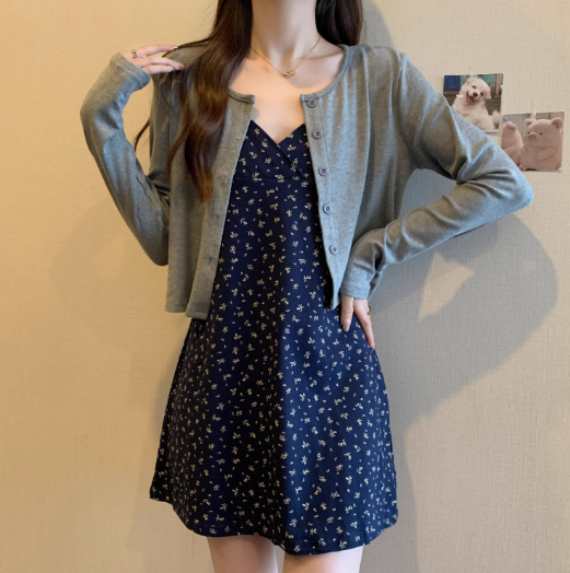 大きいサイズ婦人服花柄キャミソールワンピース カーディガン2点セット早春新作スカート Y2