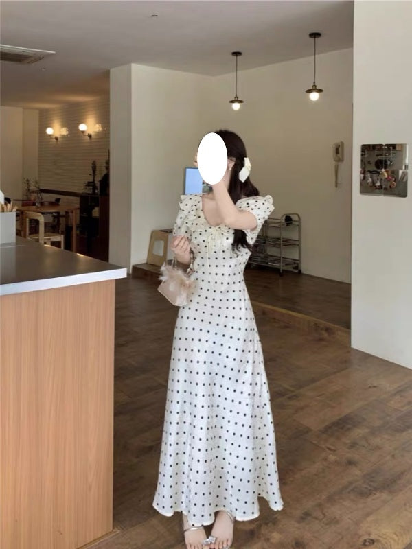 ビッグサイズフレンチ半袖ワンピースレディース夏ウエストシェイプ着痩せ初恋ロングスカートフリル衿ドットスカートX13