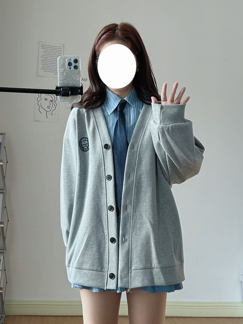 XYW 長袖 ストライプ シャツ ワンピース + ネクタイ + グレーカーディガン セット