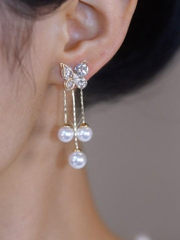 XYW 1つ物は2つの使い方 蝶 真珠 ロングピアス イヤリング