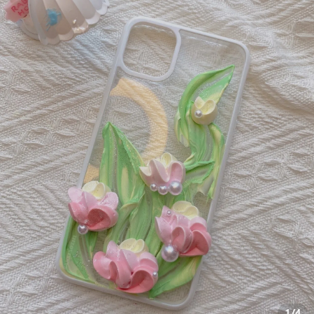 OL ピンク チューリップ手描きスマホケース ホイップ携帯ケース