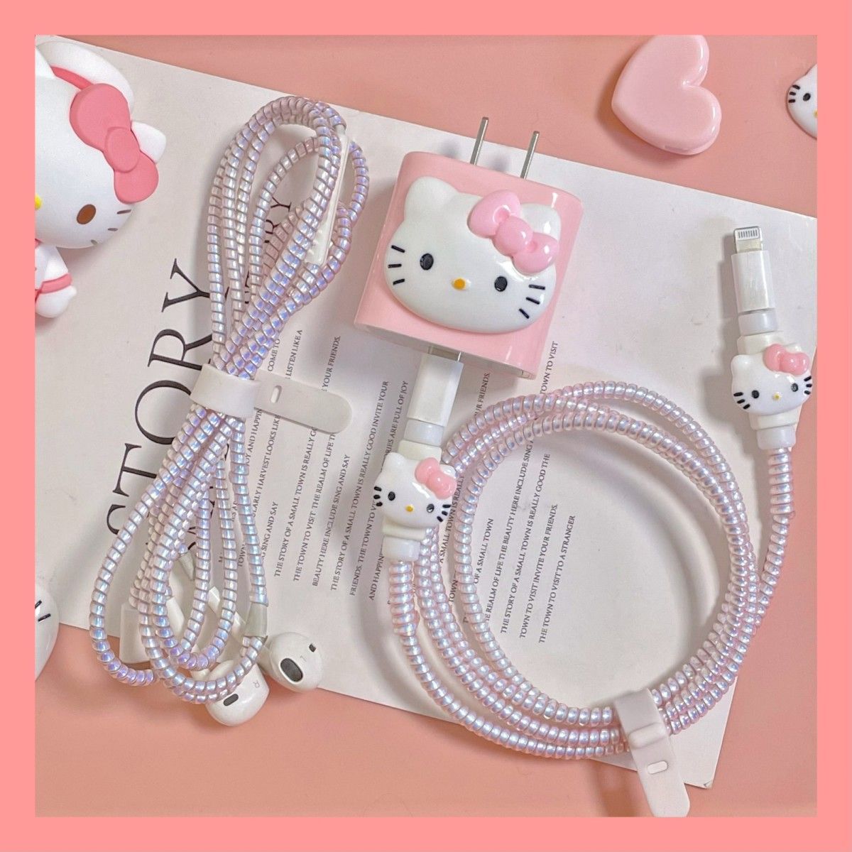 LF ハローキティ ケーブル保護カバー 断線防止 折り防止 汚れ防止 耐摩耗性 充電器保護シェル キャラクター( ケーブルプロテクター+充電器カバー+有線イヤホンカバー)