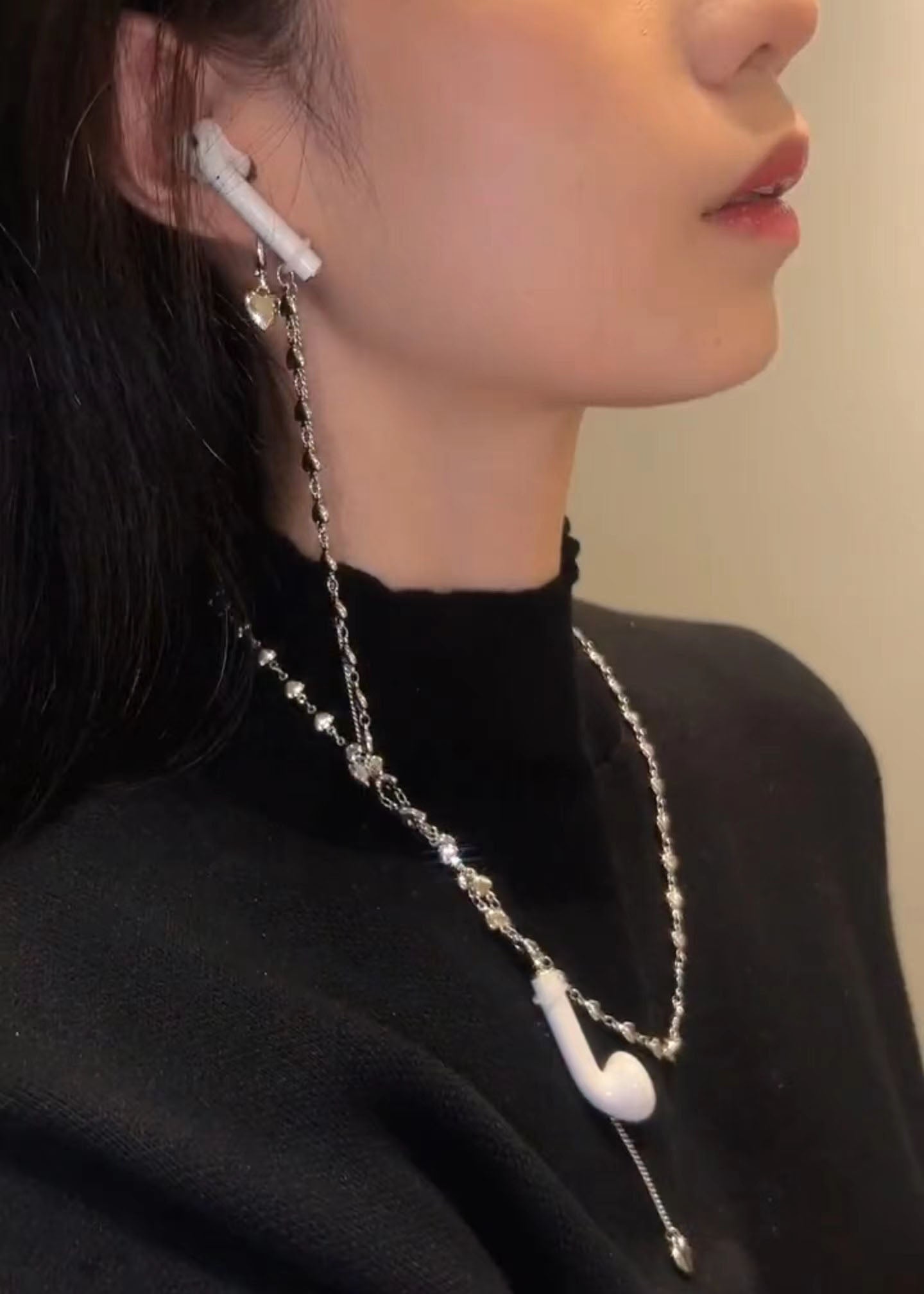 LF ハート ワイヤレスヘッドセットチェーン ネックレス(取り外し可能なイヤリング付き