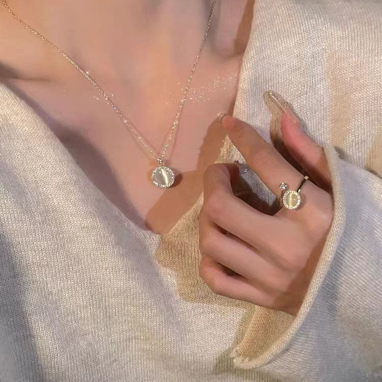 XYW 回転式 キャッツアイストーン オープンリング & ネックレス エレガント