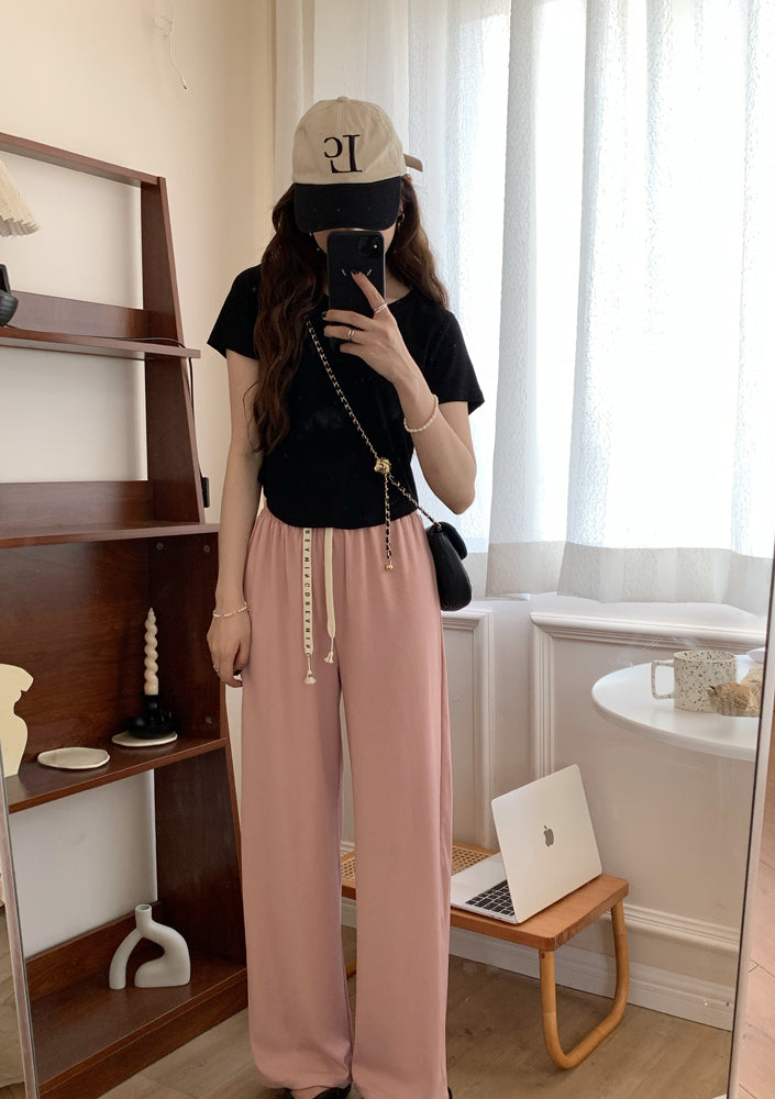 前壳 XYW 丸みを帯びた裾 ショートTシャツ アイスシルク ワイドパンツ カジュアルパンツ セット