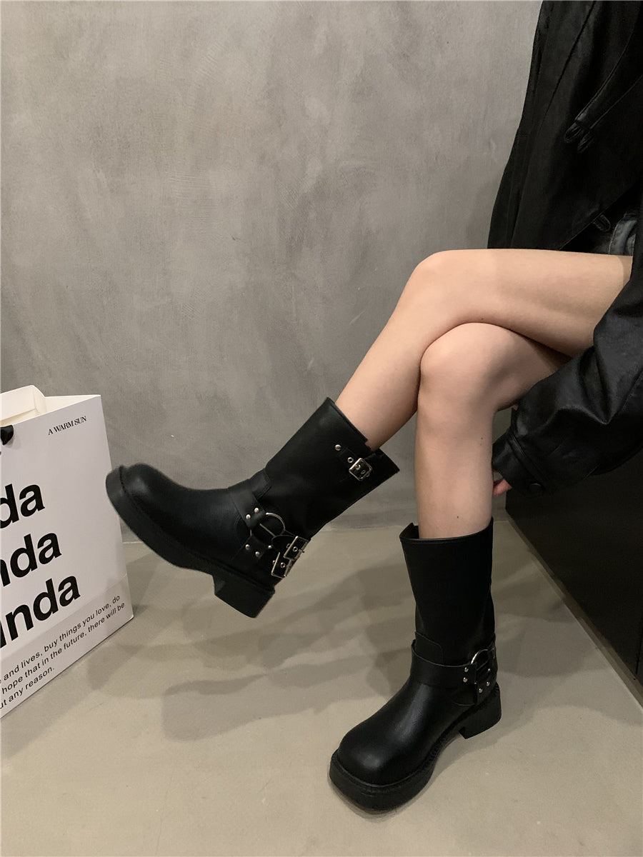 【予約】XYW ロングブーツ/ショートブーツ ベルトバックル スクエアトゥ イングランド マーティンブーツ 2色