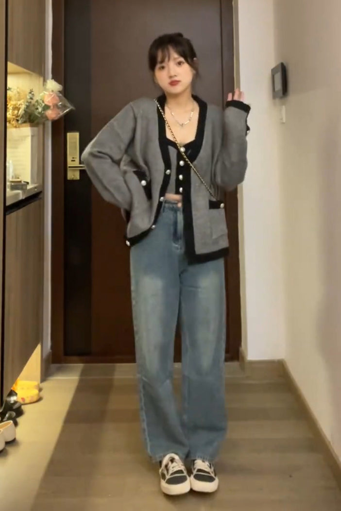 XYW 秋新作 ゆるい ハイウエスト ジーンズ ストレートパンツ