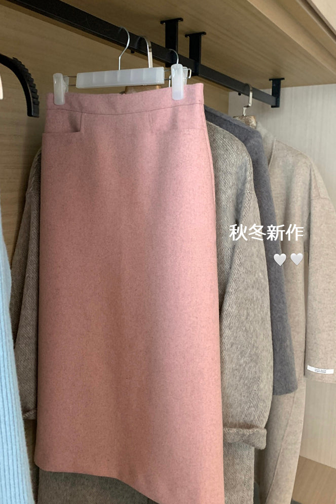 XYW 秋冬新作 ピンク ハイウエスト ゆったり ツイード スカート