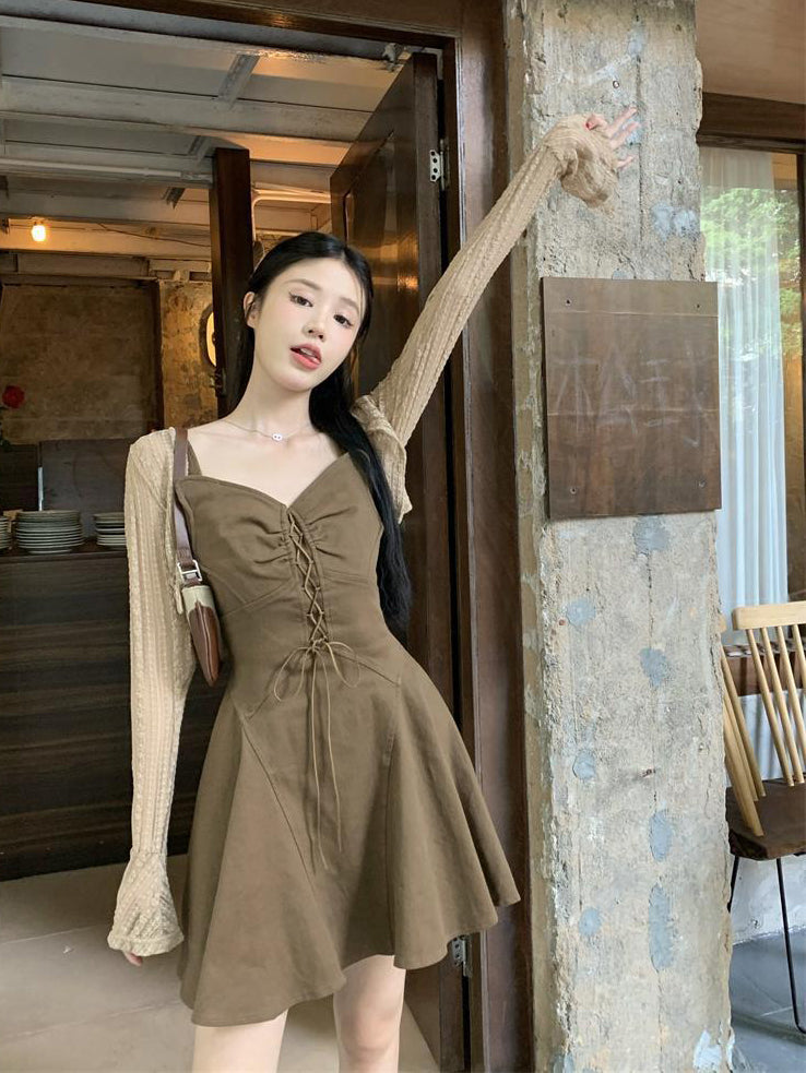 【予約】XYW レースアップデザインで カーディガン + キャミワンピース セット ギャル 着やせ