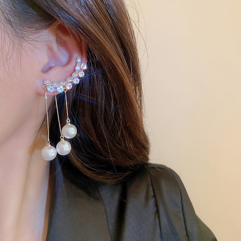 YQQ ピアス&イヤーカフ 一体型 パール ロングタッセル
