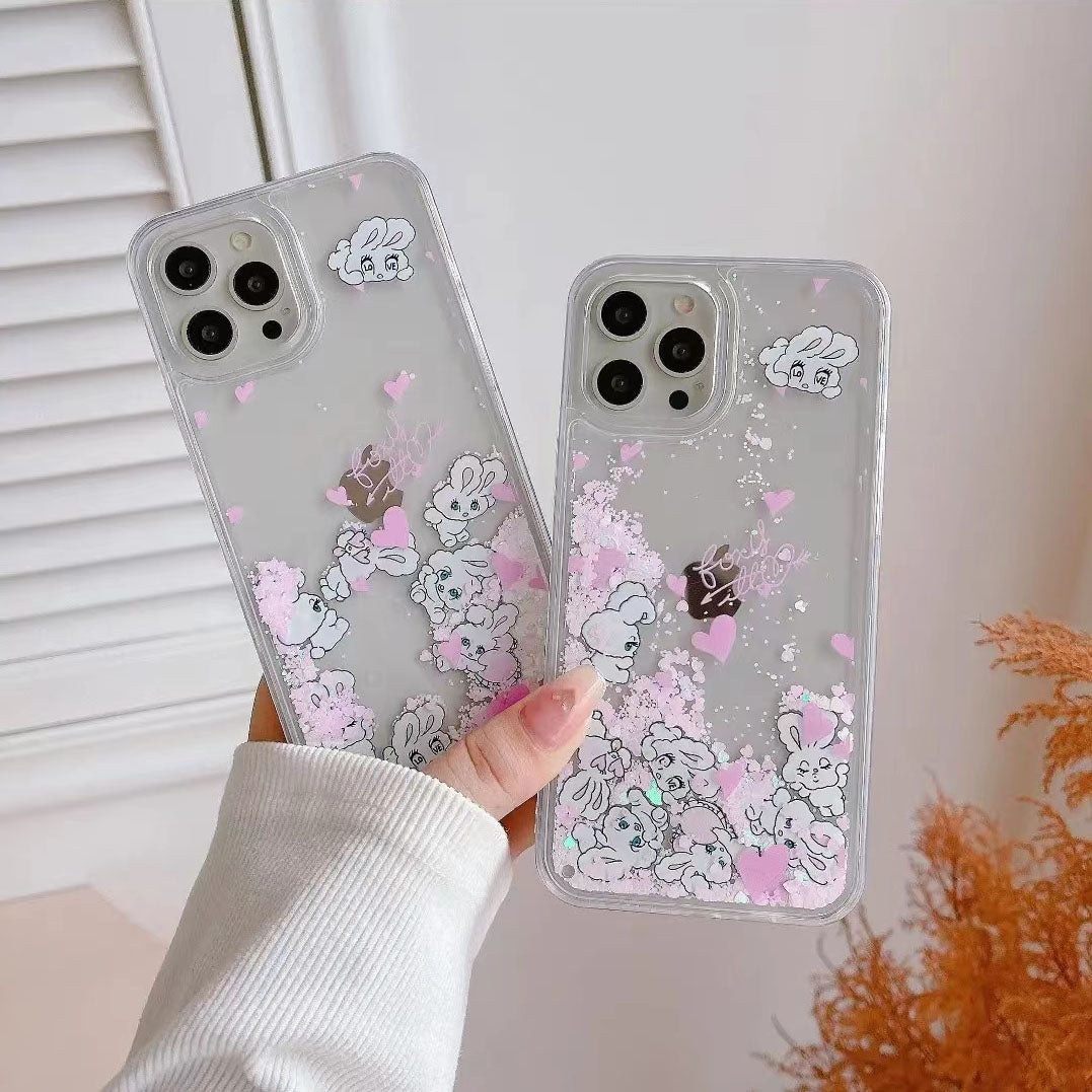 YQQ キラキラ液体流砂 ピンクハート ウサギ スマホケース 透明 携帯ケース
