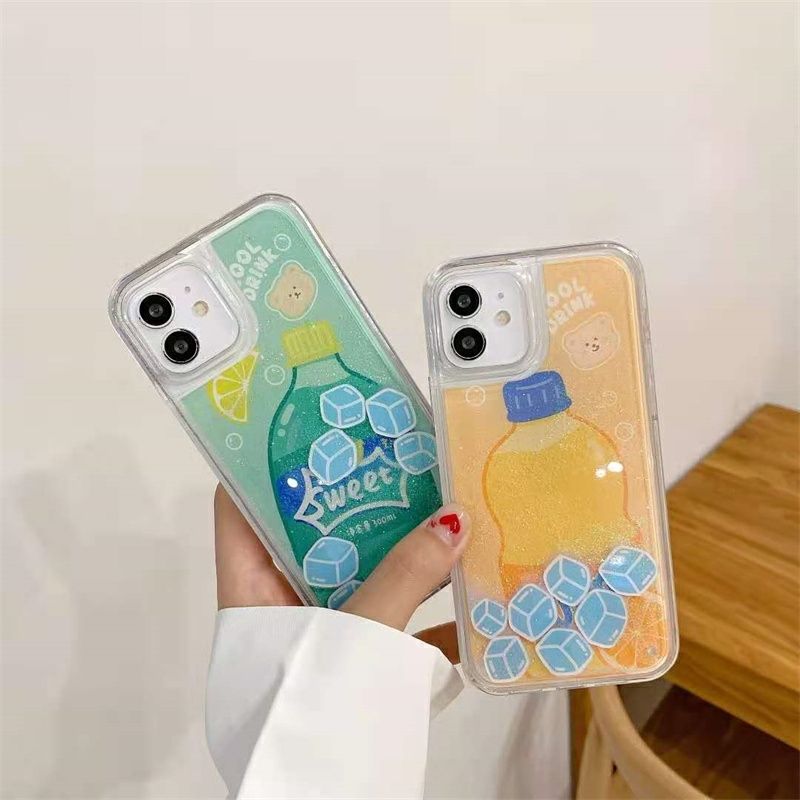 YQQ 気泡水 ファンタ スプライト スマホケース アイスドリンク 液体流砂 携帯ケース