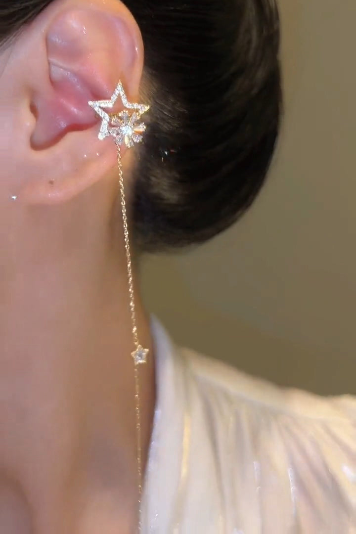 XYW 回転可能五角星太陽花 耳クリップ&ピアス一体式 ロングフリンジ ピアス イヤーカフー