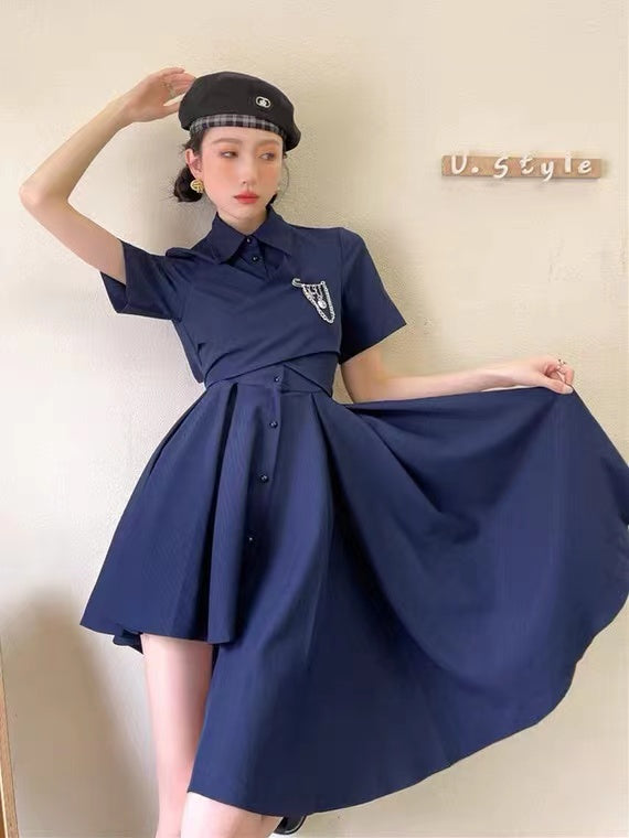 YXQ 夏新作 オ リジナルデザイン アシンメトリー ワンピース シャツワンピ 着やせ ハイウエスト